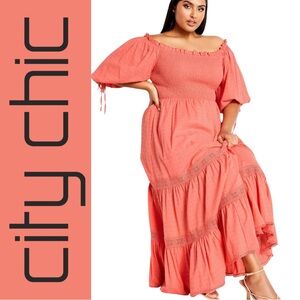 City Chic Salmon Pink Love Shirred Maxi Dress, NWT!